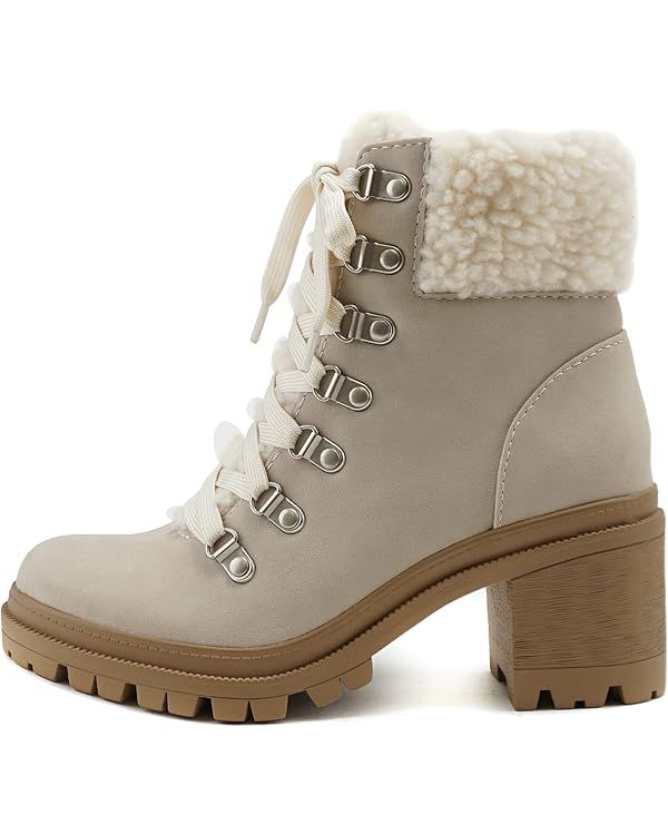 Soda KEYNOTE ~ Women Chunky Lug Sole Faux Fur D-Ring Lace-up Fashion Combat Ankle Boot w/Side Zip... | Amazon (US)