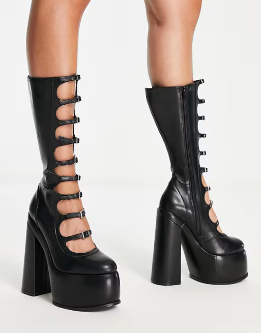 ASOS DESIGN Cruise multi strap knee high boots in black | ASOS (Global)