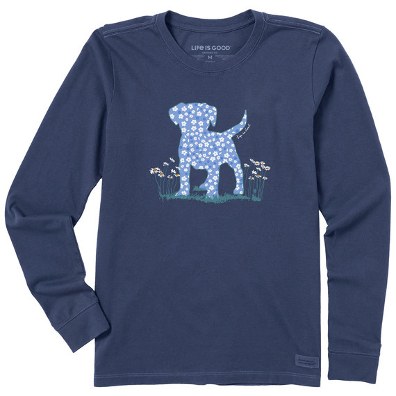 Life is Good Women's Patterna Daisy Dog Long Sleeve Crusher T-Shirt in Darkest Blue Size Large | 100% Cotton | Life is Good