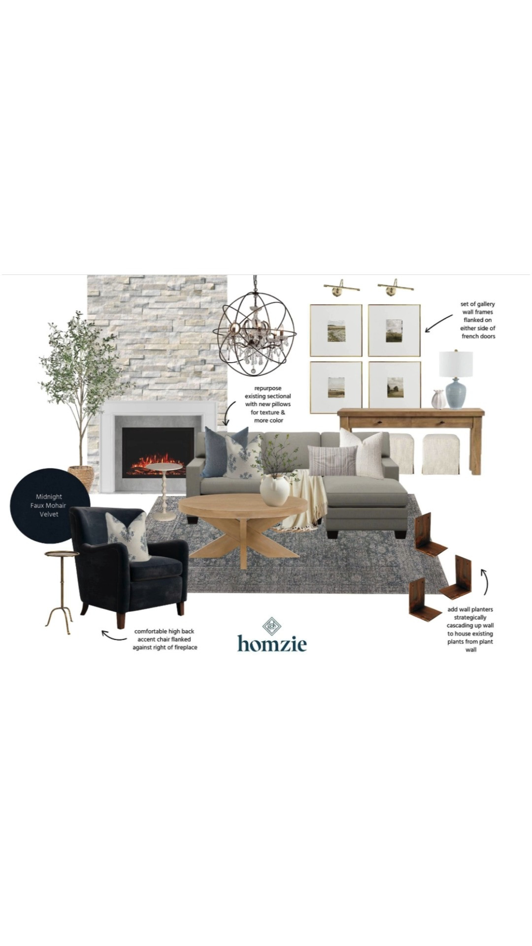 Moody neutral living room design featuring sectional, wall art, wooden console, gallery light, chandelier, stone fireplace, accent chair, decorative pillows, decor, etc.#LTKFinds #LTKFavorites #HomeStyleDaily 

 #LTKStyleTip #LTKFamily

#LTKHome #LTKHome
