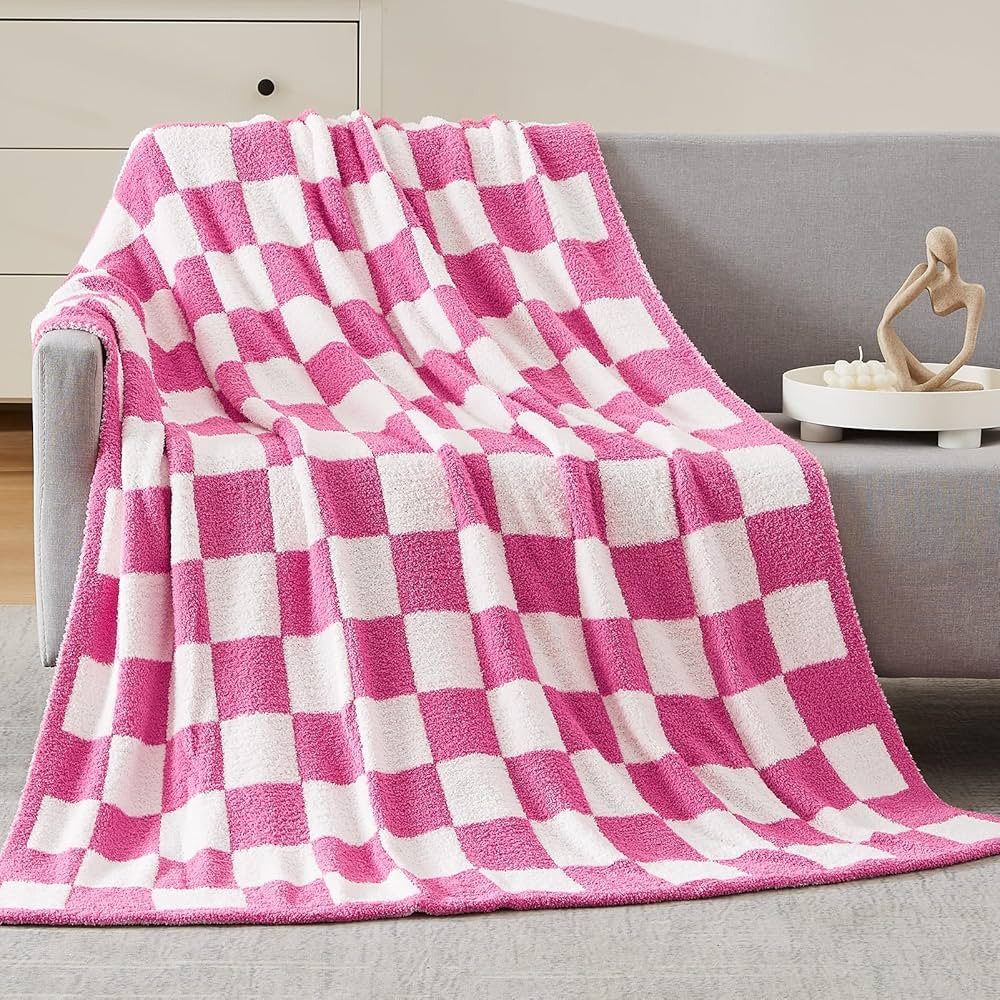 WRENSONGE Checkered Throw Blanket, Hot Pink Soft Cozy Fluffy Warm Hand Made Throw Blankets for Co... | Amazon (US)