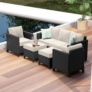 5-Piece Black Wicker Steel Outdoor Conversation Set Patio Furniture Set with Ottoman and Beige Cushions | The Home Depot