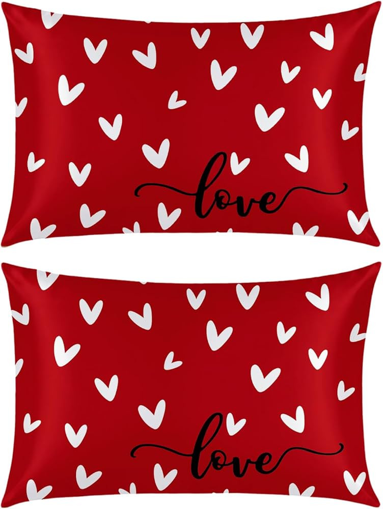 Horaldaily Valentine Standard Size Set of 2 Satin Pillowcases for Skin and Hair, Red Mini Love He... | Amazon (US)