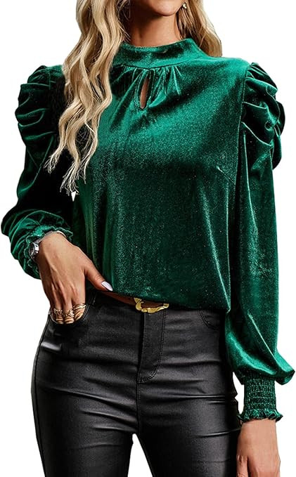 Womens Mock Neck Puff Long Sleeve Velvet Tops Fall Winter Trendy Dressy Casual Elegant Shirts Blo... | Amazon (US)