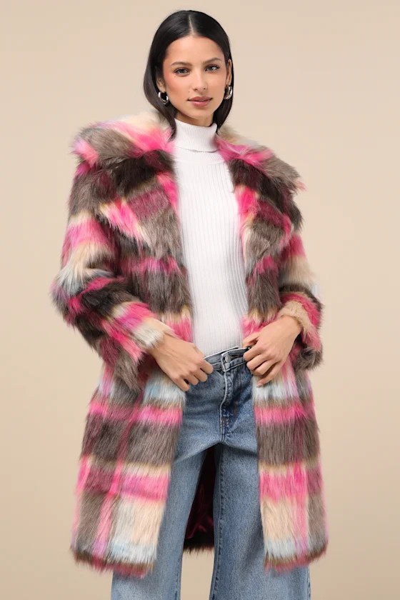 Fancy Brown and Fuchsia Plaid Faux Fur Coat | Lulus