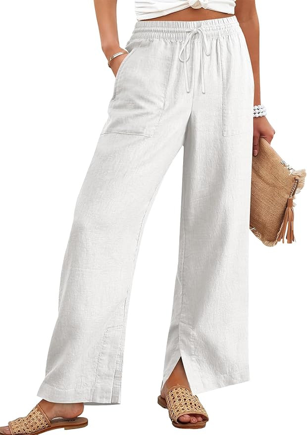 ANRABESS Womens Wide Leg Palazzo Linen Pants High Waist Split Ankle Casual Lounge Beach Vacation ... | Amazon (US)