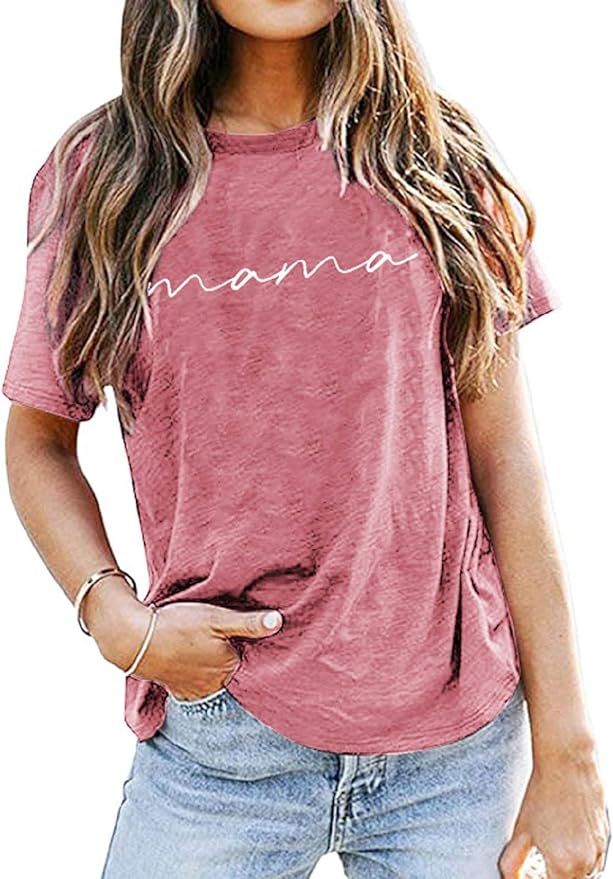 ASTANFY Mama Shirts Women Mama Letter Printed T-Shirt Mama Graphic Tee Casual Short Sleeve Tops T... | Amazon (US)