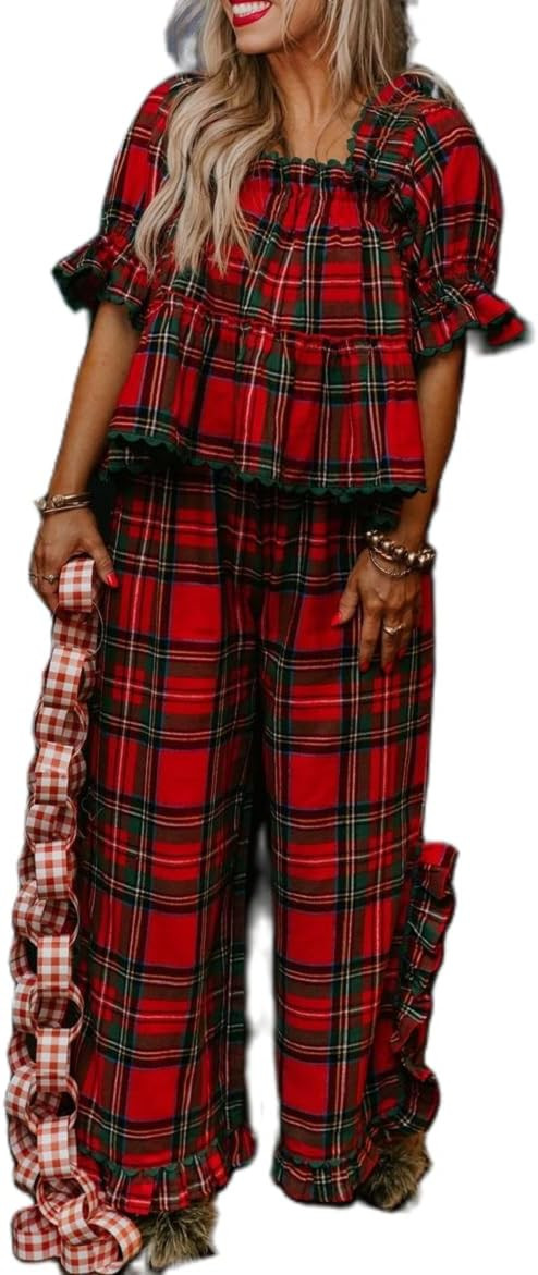 Women Plaid Christmas Pajama Set Square Neck Puff Sleeve Loose Babydoll Tops Pants Ruffle 2 Piece... | Amazon (US)