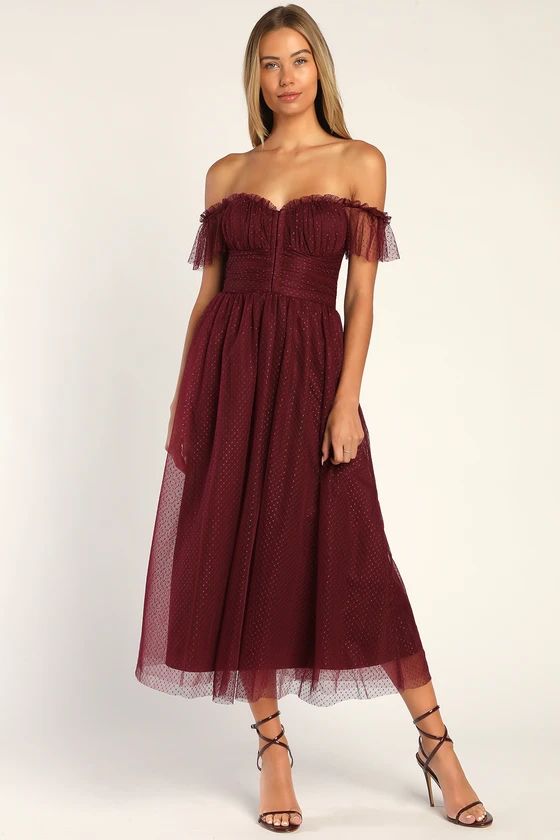 Regal Radiance Burgundy Tulle Bustier Midi Dress | Lulus