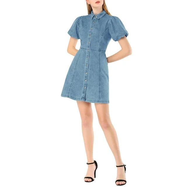 Allegra K Women's Denim Dress Puff Short Sleeve Button Shirt Dresses | Walmart (US)