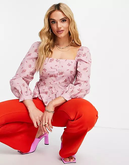River Island floral puff sleeved top in pink | ASOS (Global)