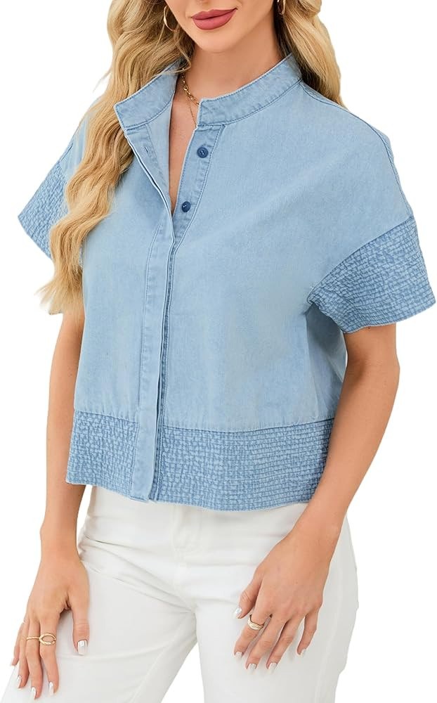 Womens Crop Denim Jacket Short Sleeve Button Down Lightweight Jean Tops Trendy | Amazon (US)