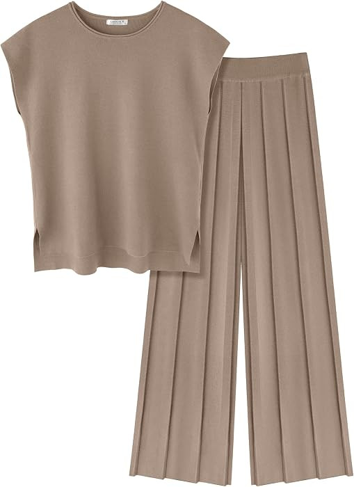 Ekouaer Lounge Sets for Women Two Piece Outfits Knit Cap Sleeve Tops Wide Leg Pleated Pants Casual Dressy Sweater Sets | Amazon (US)