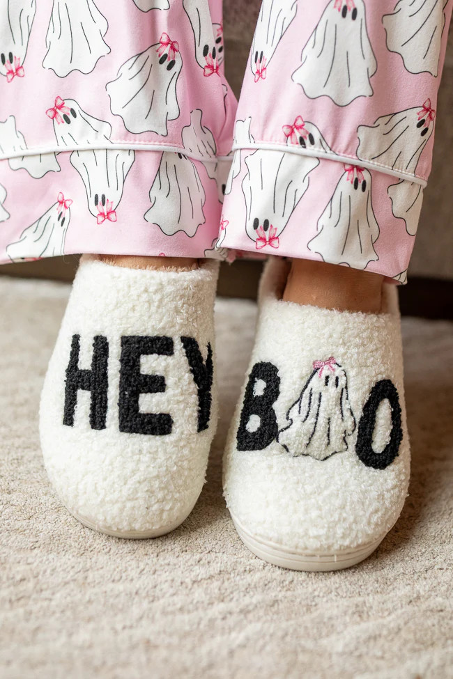 Hey Boo White Slippers | Pink Lily