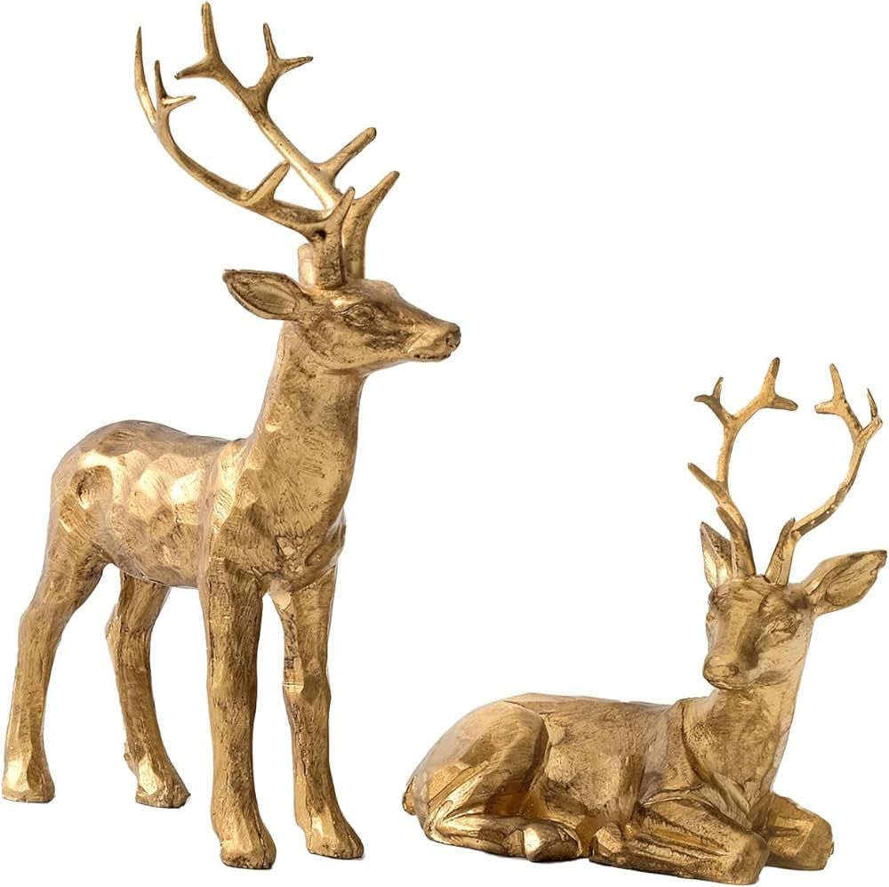 DN DECONATION 2PCS Christmas Resin Reindeer Figurines Small Gold Deer Decorative Statues Resting ... | Amazon (US)