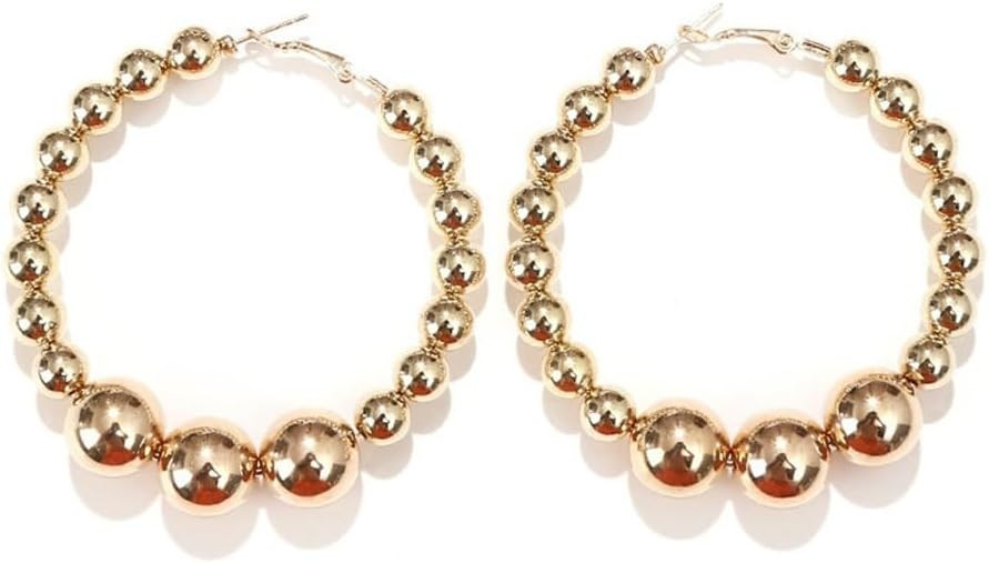 6cm Gold Beaded Hoop Earrings Chunky Round Ball Beads Hoop Earrings Silver Beads Geometry Stateme... | Amazon (US)