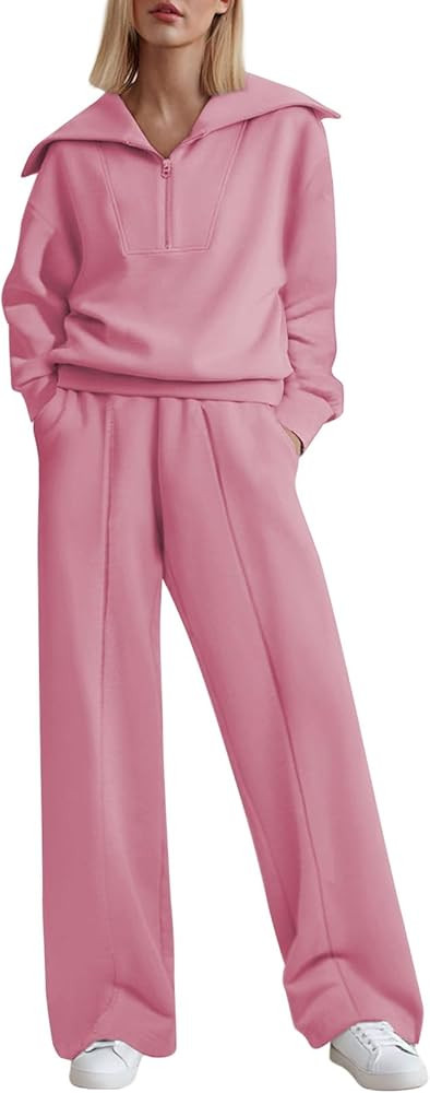 Aleumdr Two Piece Outfits Half Zip Sweatshirt Sweatsuit for Women Wide Leg Sweatpant Tracksuit | Amazon (US)
