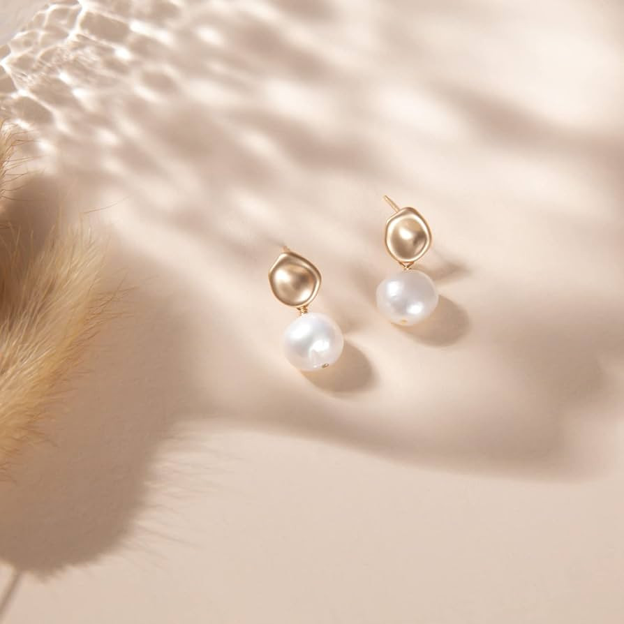 Baroque Pearls Earring Natural Freshwater Pearls Dangle Earrings Gold Pearl Drop Earrings Jewelry... | Amazon (US)
