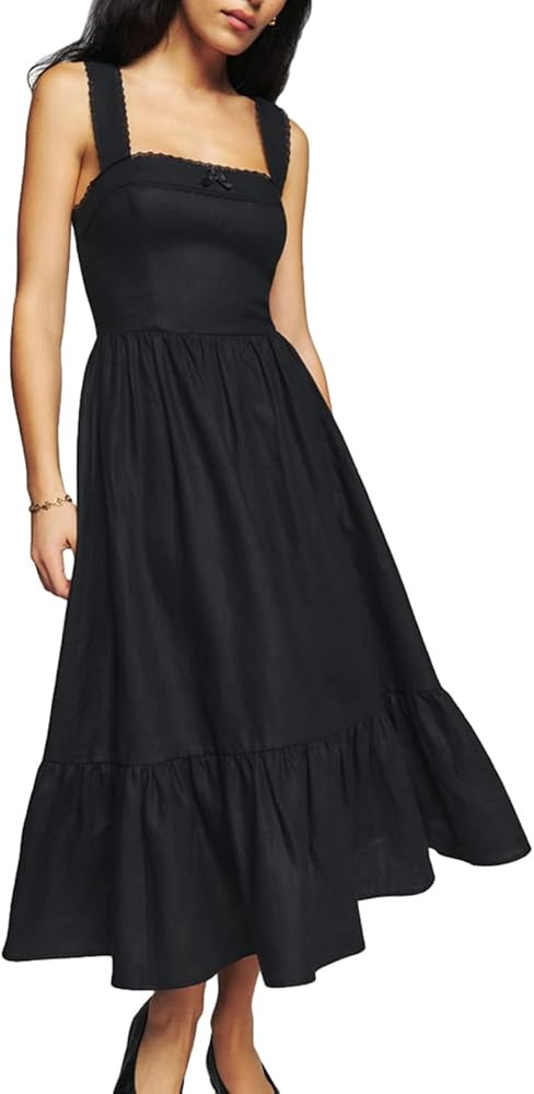 Axupico Women A-line Corset Dress Square Neck Sleeveless Spaghetti Strap Ruched Bust Long Dress G... | Amazon (US)