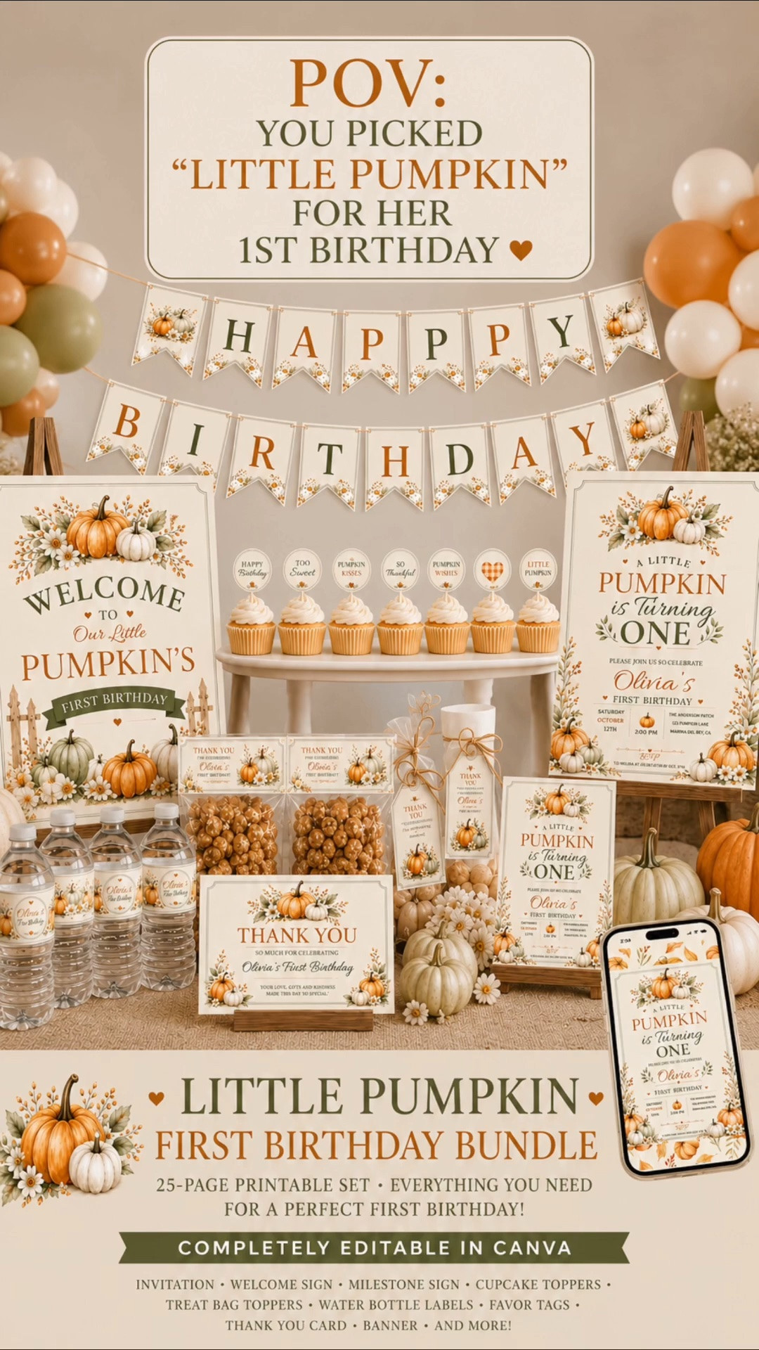 🎃 YOUR LITTLE PUMPKIN IS TURNING ONE! 🍂✨

Make their very first birthday extra sweet with our Little Pumpkin First Birthday Bundle — a beautiful 25-page editable Canva collection designed to coordinate your entire celebration. 🤎

Soft watercolor pumpkins, delicate florals and warm autumn tones come together for an elegant fall party theme that’s perfect for your little pumpkin’s big day.

✨ 25 coordinating designs include:
🎃 First Birthday Invitation
🍂 Welcome Sign
🤎 Milestone/Birthday Sign
🎃 Thank-You Card
🧁 Cupcake Toppers
🍬 Treat Bag Toppers
🏷️ Favor Tags
🥤 Water Bottle Labels
🎉 Happy Birthday Banner Flags
🎃 Decorative Pumpkin Banner Flags
📱 Coordinating Phone Wallpaper
✨ Plus even more matching party printables!

The best part? It’s editable in Canva! Personalize names, birthday details, dates, times and applicable text right from your phone, tablet or computer — no Canva Pro subscription required.

Once you’re finished, simply download and print at home or through your favorite printing service.

🍁 Perfect for a Little Pumpkin First Birthday, fall birthday party, autumn baby birthday or Our Little Pumpkin celebration.

This is a digital download — nothing will be shipped.

🎃 Shop the complete 25-page Little Pumpkin Birthday Bundle from Painted Keepsake Studio on Etsy.

Save this for your fall baby’s first birthday or send it to a mama planning her little pumpkin’s big ONE! 🤎

#LittlePumpkinBirthday #FirstBirthdayParty #FallBirthdayParty #PumpkinBirthday #FirstBirthdayIdeas