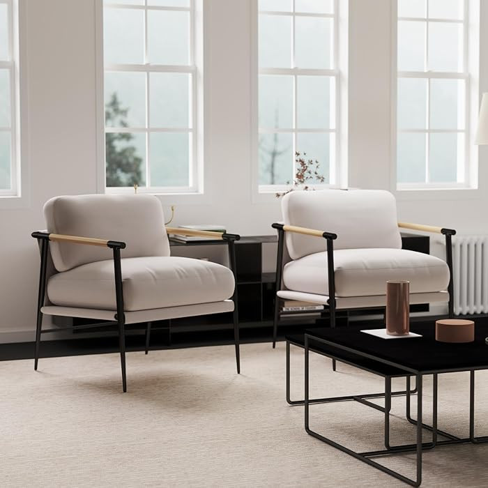 Mid-Century Accent Chair Set of 2, Soft Armchair Chenille Fabric Lounge Chair with Black Metal Le... | Amazon (US)