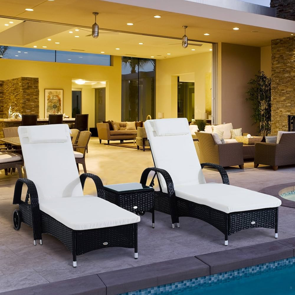 Outsunny 3 Pieces Wicker Patio Lounger Set with Table, PE Rattan Outdoor Lounge Chair Set with Cu... | Amazon (CA)