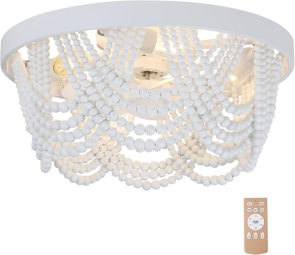 Boho Wood Beads Ceiling Fan with Light and Remote, 19" Bohemian Caged Ceiling Fan Light with 6 Sp... | Amazon (US)