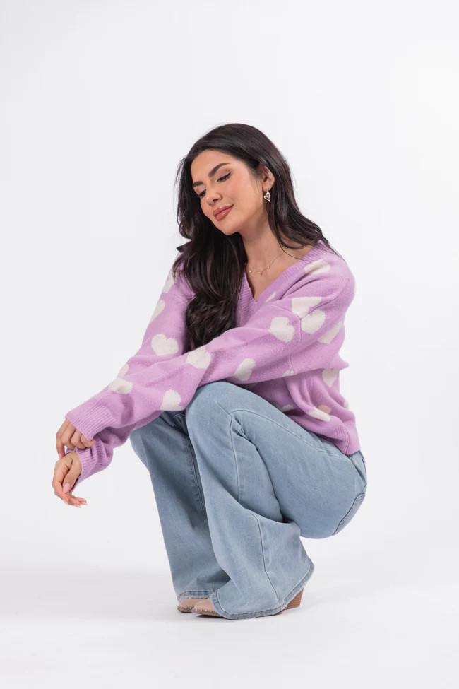By The Book Lilac Hearts V-Neck Sweater | Pink Lily