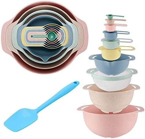 Mixing Bowls Set of 10 + Silicone Spatula, YJHome BPA Free Plastic Nesting Mixing Bowls,Stackable... | Amazon (US)