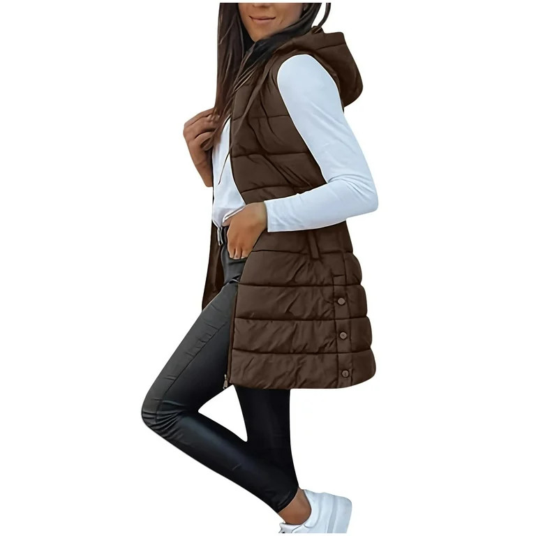 cocolona Womens Long Puffer Vest Stand Collar Sleeveless Hooded Down Jacket Fall Winter Casual Lo... | Walmart (US)