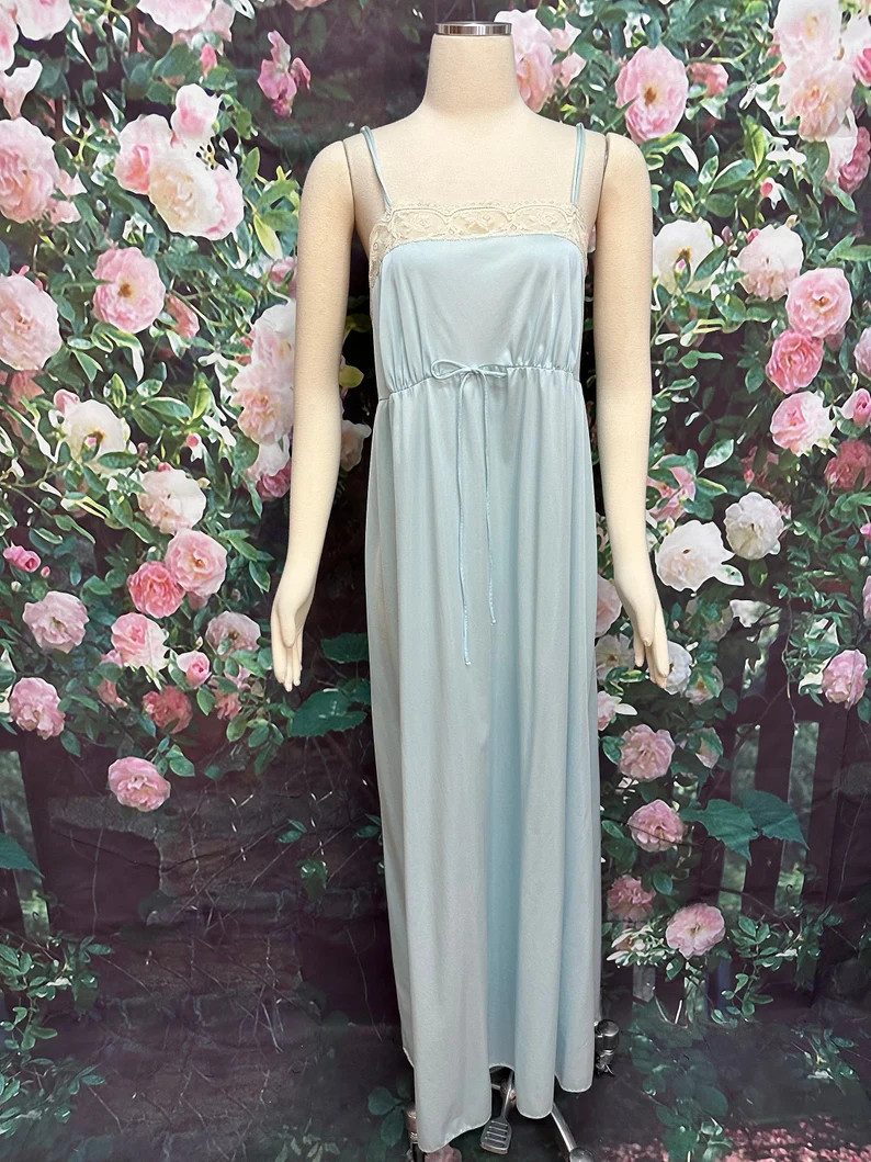 70s Lorraine Blue Slip Long Nightgown Rose Lace | Etsy (Global)