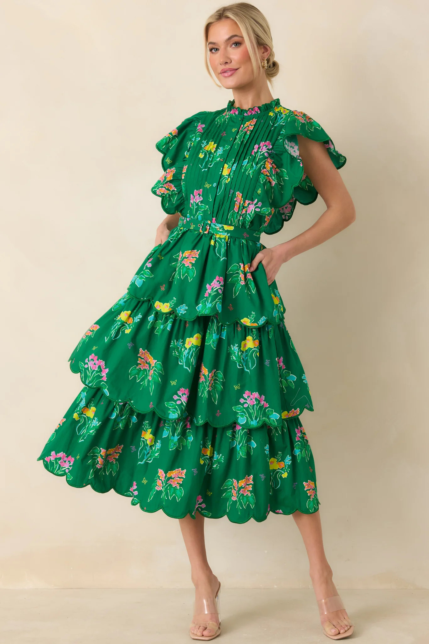 Prosperina Maris Green Multi Floral Cotton Tiered Ruffle Midi Dress | Red Dress