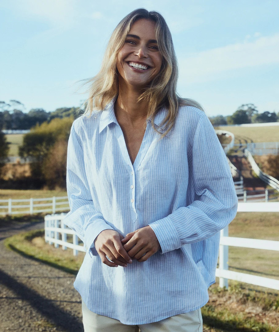 Split Back Long Sleeve Striped Shirt - Blue | Sussan