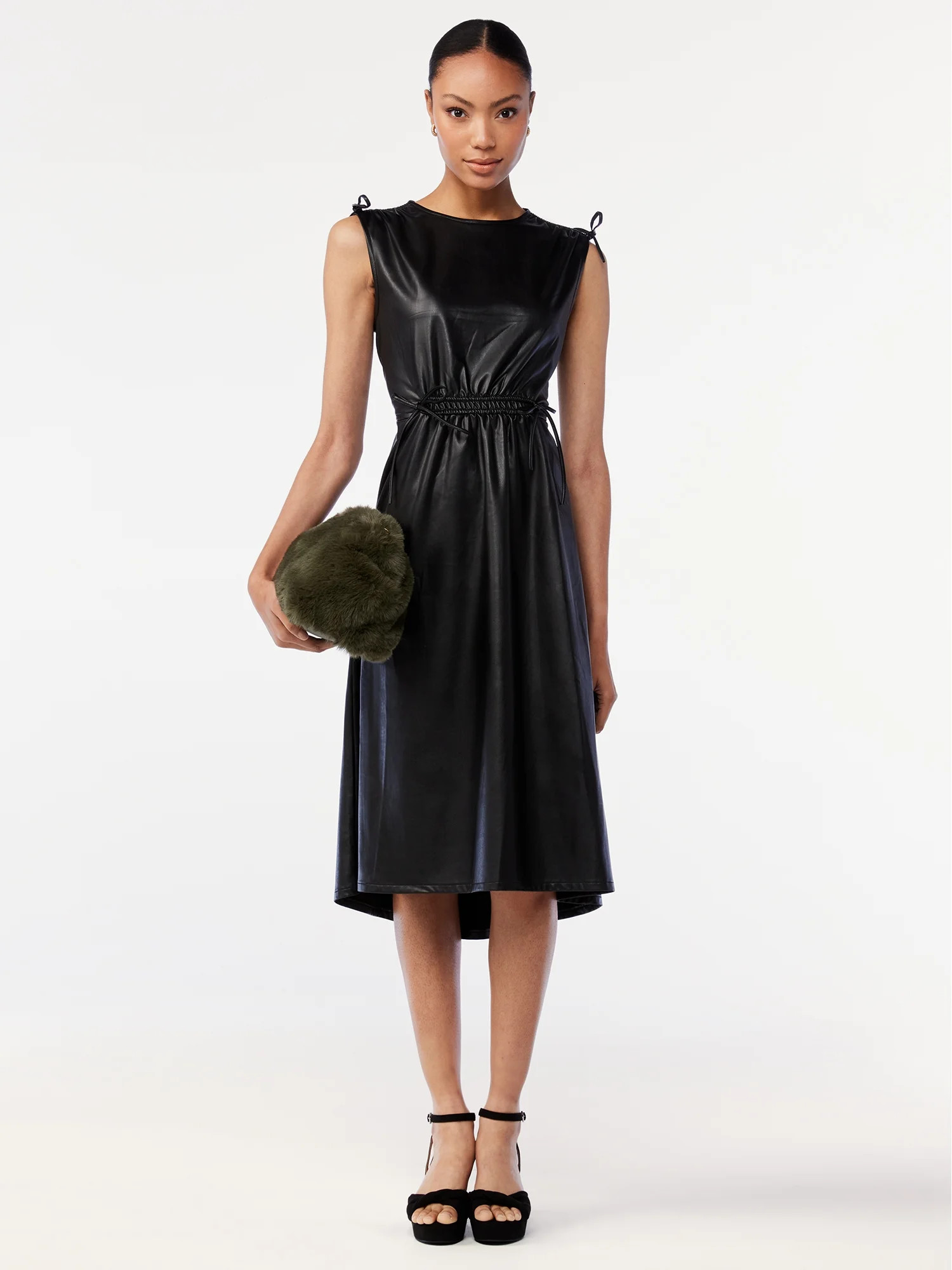 Scoop Women's Faux Leather Midi Dress with Cinched Waist | Walmart (US)