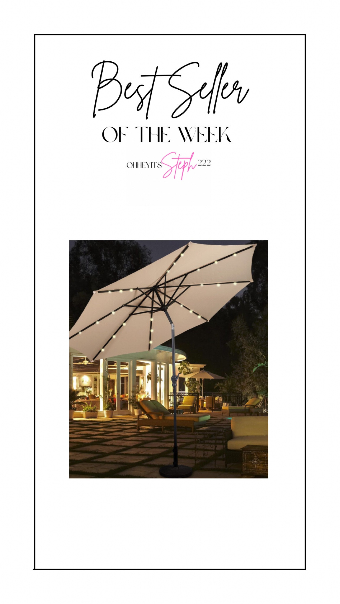 Best seller of the week 

Costway 10ft Patio Solar Umbrella LED
Patio Market Steel Tilt w/ Crank
Outdoor Beige

Target circle week 

#LTKxTarget #LTKSeasonal #LTKhome