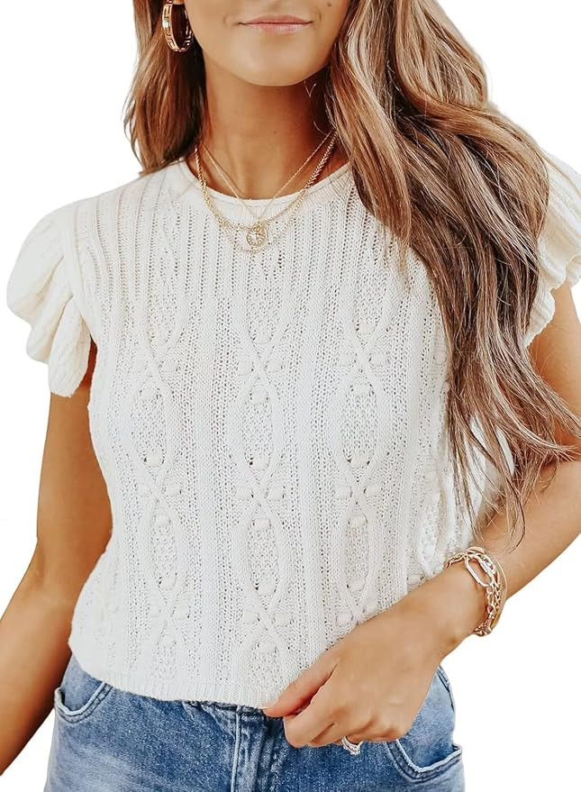 HOTAPEI Ruffle Sleeve Tank Tops for Women Sleeveless Crewneck T Shirts Loose Fitting Solid Knit T... | Amazon (US)