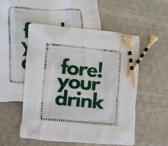 Personalized linen cocktail napkins - set of four Master's Green - golf gift - Fore! Your Drink | Etsy (US)