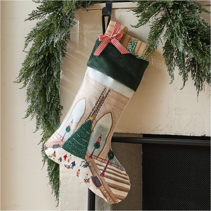 Nicole Cicak Embroidered Cotton Brooklyn Bridge Stocking | West Elm (US)