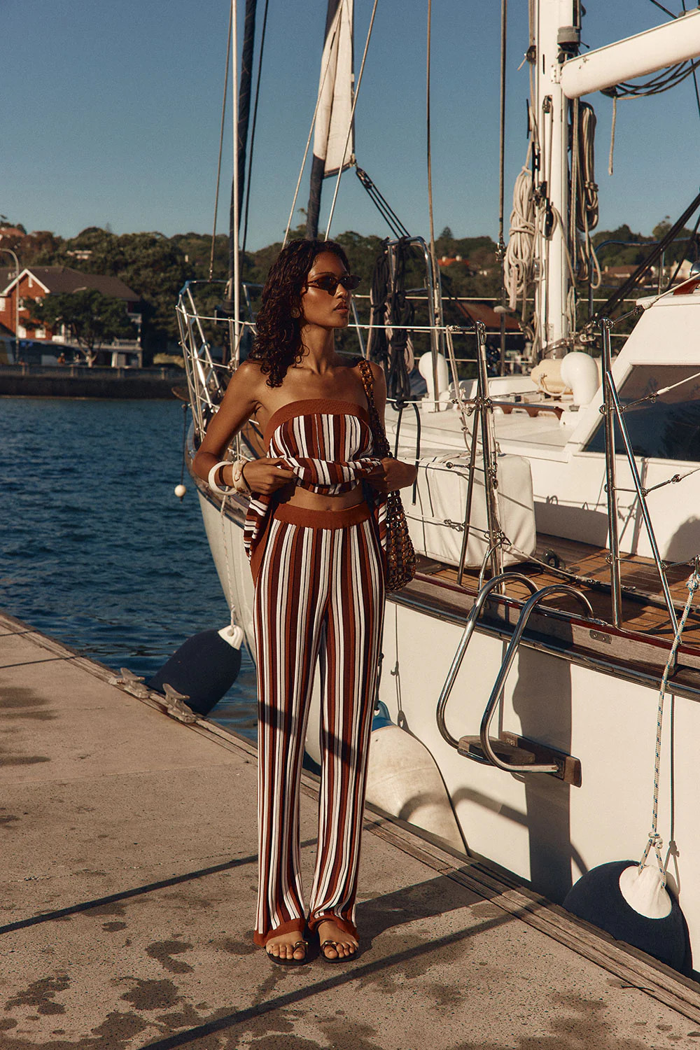 Brown Stripe Pleated High Waist Brighton Pants | Sabo Skirt US