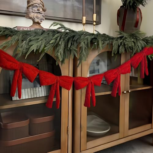 Christmas Decorations - 6 Ft Red Velvet Bow Garland - Xmas Decor for Mantel Fireplace Shelf Cabinet Stand Door Window Frame Bedroom Living Room Home Entryway Indoor Holiday Decoration | Amazon (US)