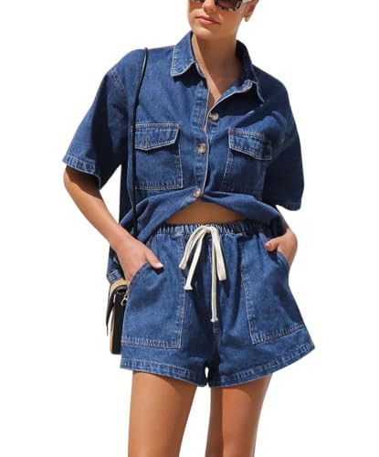 chouyatou Women's Summer Denim 2 Piece Outfits Short Sleeve Button Down Shirt Elastic Waist Wide Leg Shorts Matching Set (X-Small, Dark Blue) | Amazon (US)