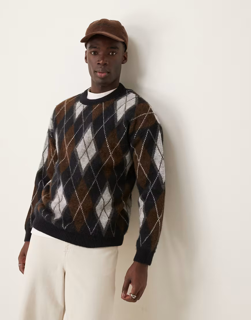 ASOS DESIGN relaxed fluffy knit crew neck sweater with argyle pattern in gray | ASOS (Global)
