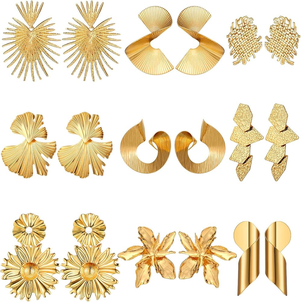 Sureio 9 Pairs Statement Earrings Geometric Earrings Exaggerated Punk Stylish Sectored Twisted Ea... | Amazon (US)