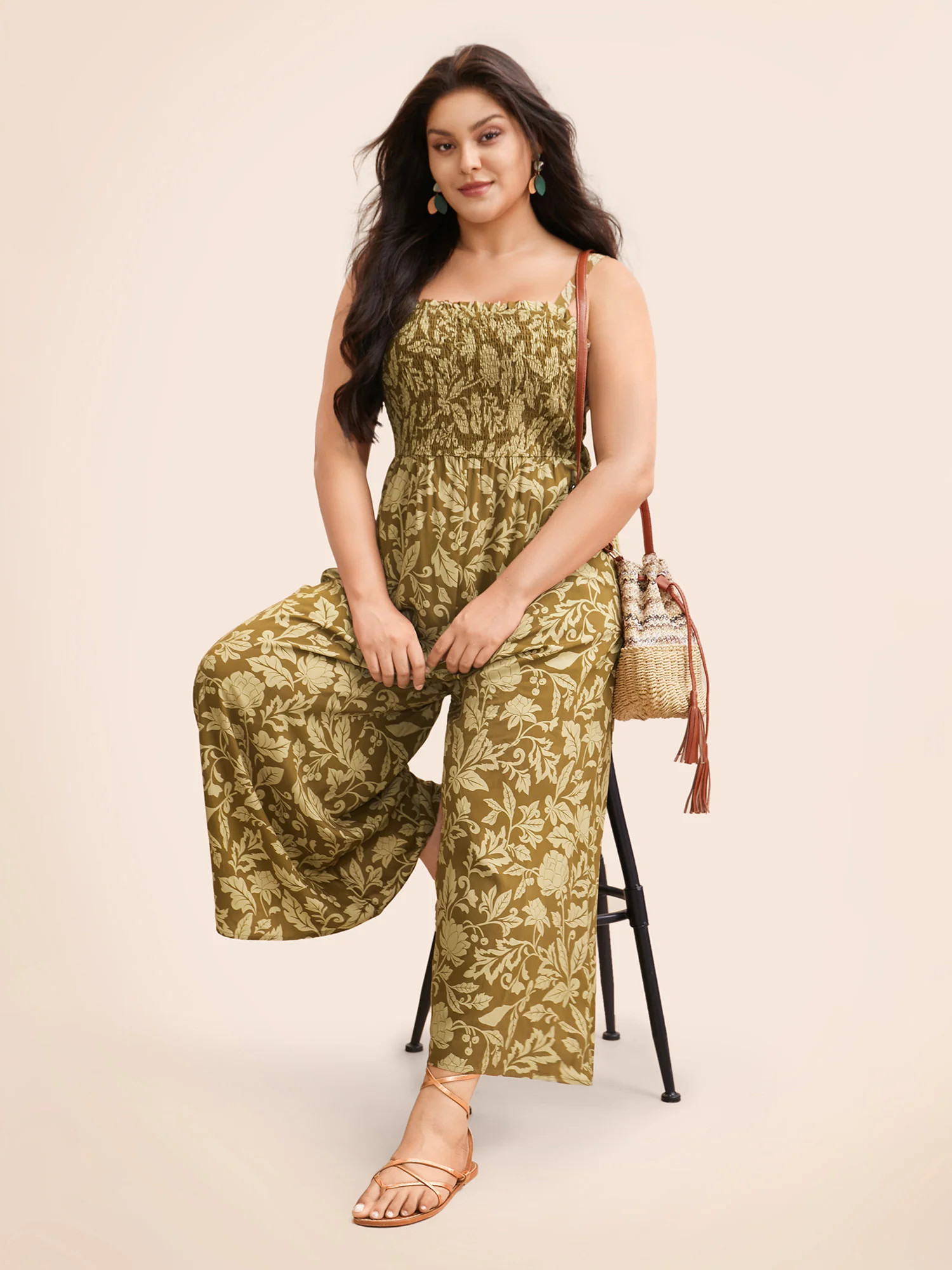Vintage Flower Shirred Frill Trim Jumpsuit | Bloomchic