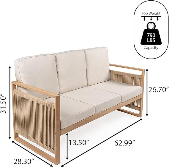 JONATHAN Y SFB1002A Gable 3-Seat Mid-Century Modern Roped Acacia Wood Outdoor Sofa with Cushions ... | Amazon (US)