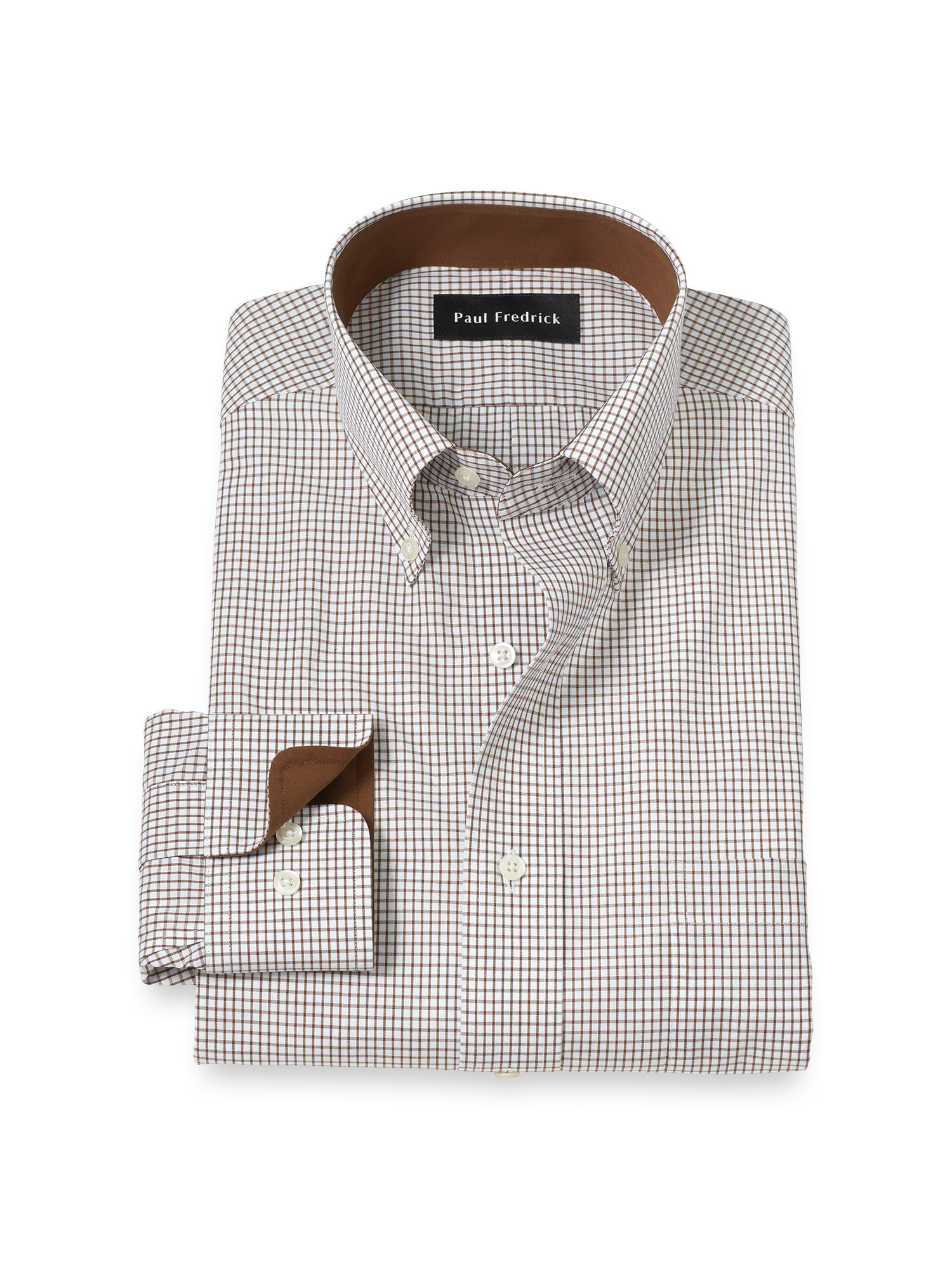Non-Iron Cotton Check Dress Shirt With Contrast Trim - Brown/white | Paul Fredrick MenStyle