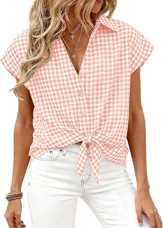 PRETTYGARDEN Womens Button Down Shirts V Neck Short Cap Sleeve Collared Plaid Tops Summer Spring ... | Walmart (US)