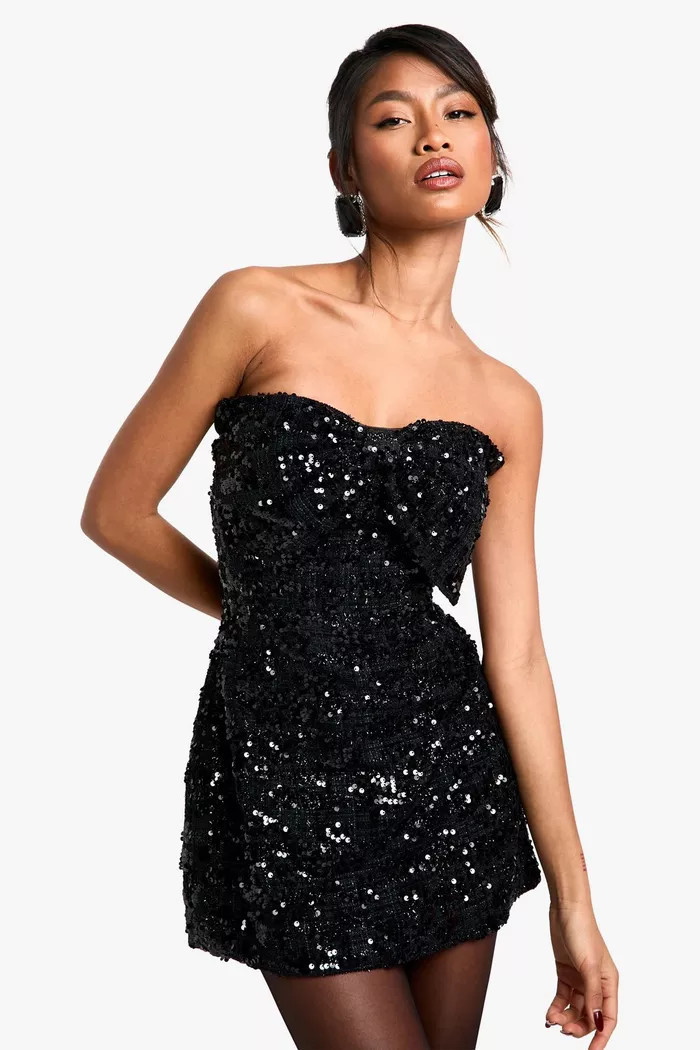 Bow Detail Boucle Sequin Shift Mini Dress | boohoo (US & Canada)