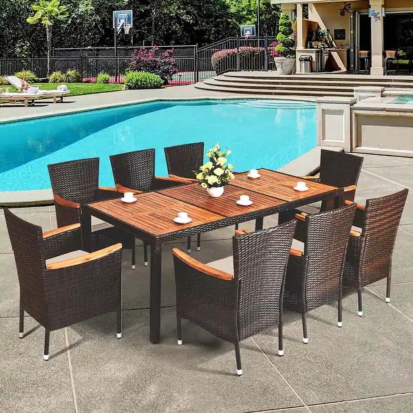 9PCS Patio Dining Set Wood Table Top Umbrella Hole Cushions Chairs | Bed Bath & Beyond