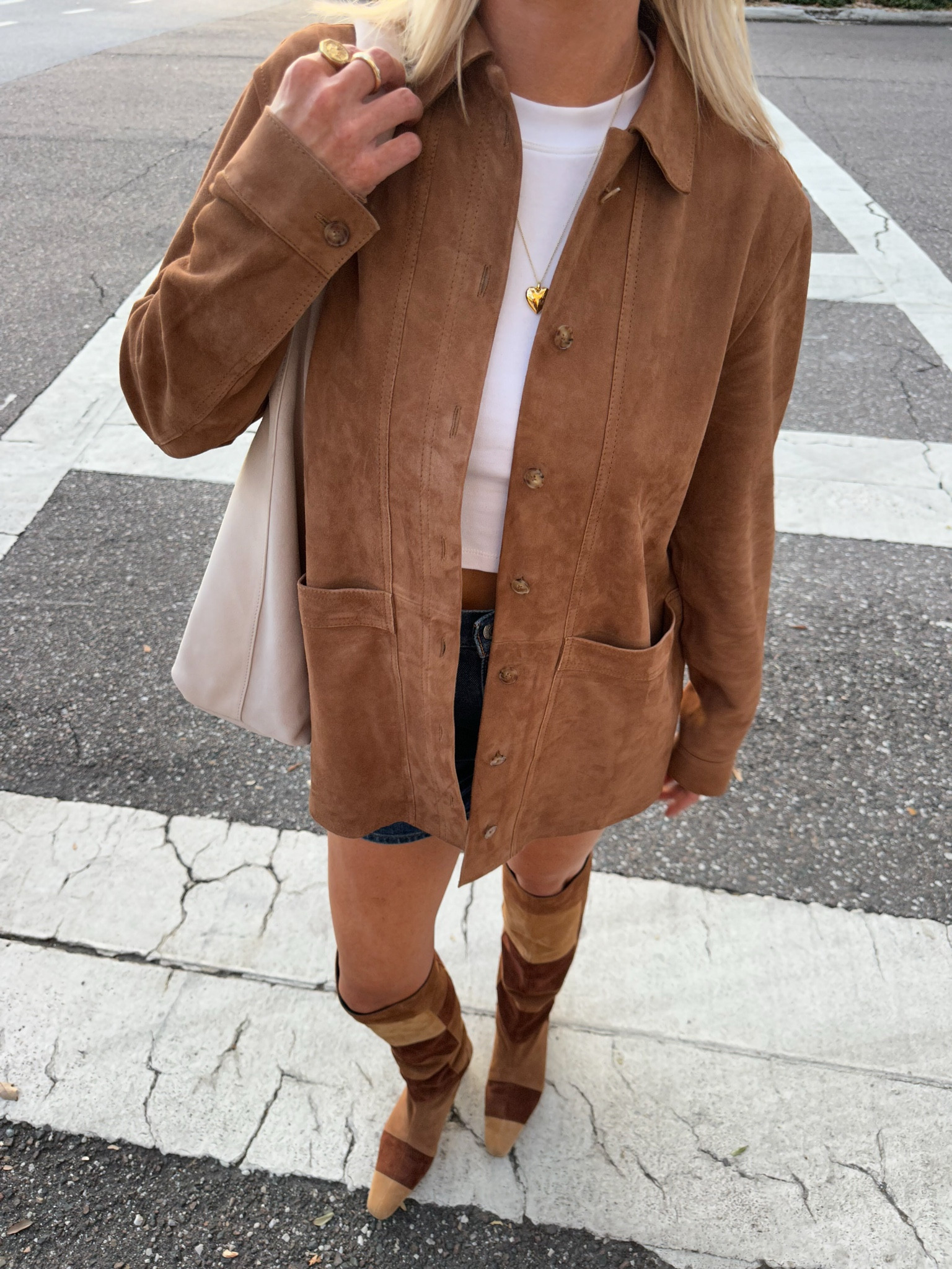suede shirt jacket: size small
basic tee: small
denim mom shorts: size 26 (Levi’s on sale for less than $20)
boots: TTS (linked my exact pair in different colorways plus a similar patchwork pair of boots)
suede bag: linked similar 

#LTKWorkwear #LTKShoeCrush #LTKSeasonal